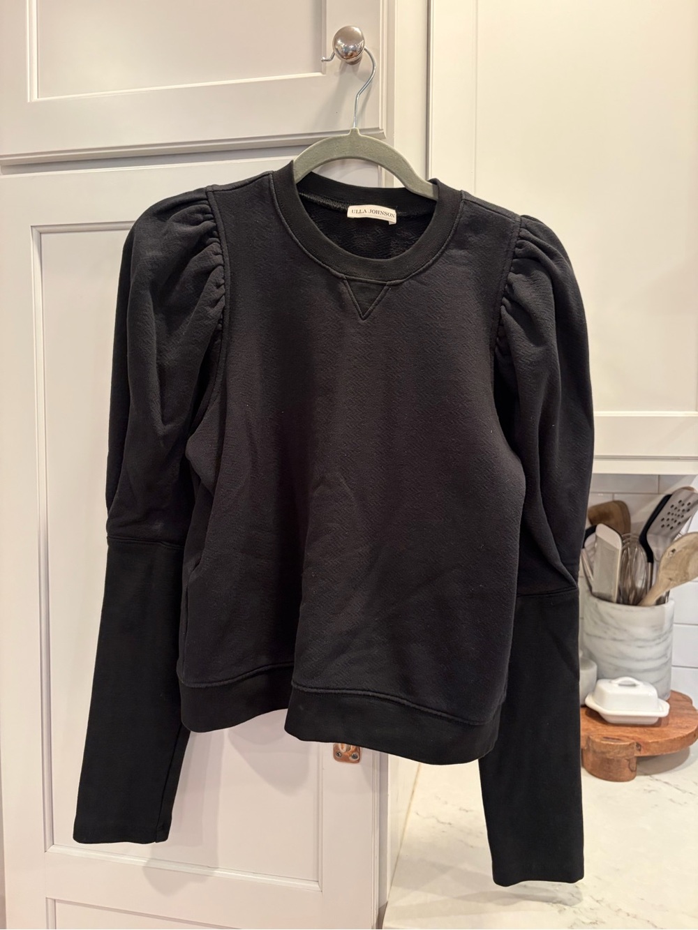 Ulla Johnson Black Puff-Sleeve Crewneck Sweatshirt